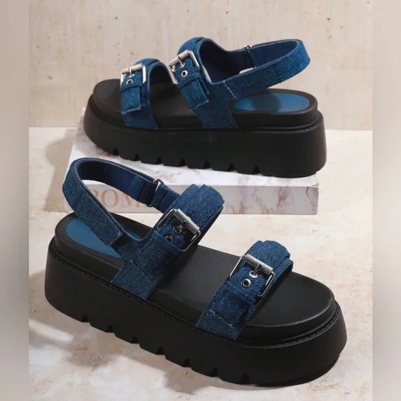 Denim Wedge Strap Platform Sandals NEW - Picture 4 of 5